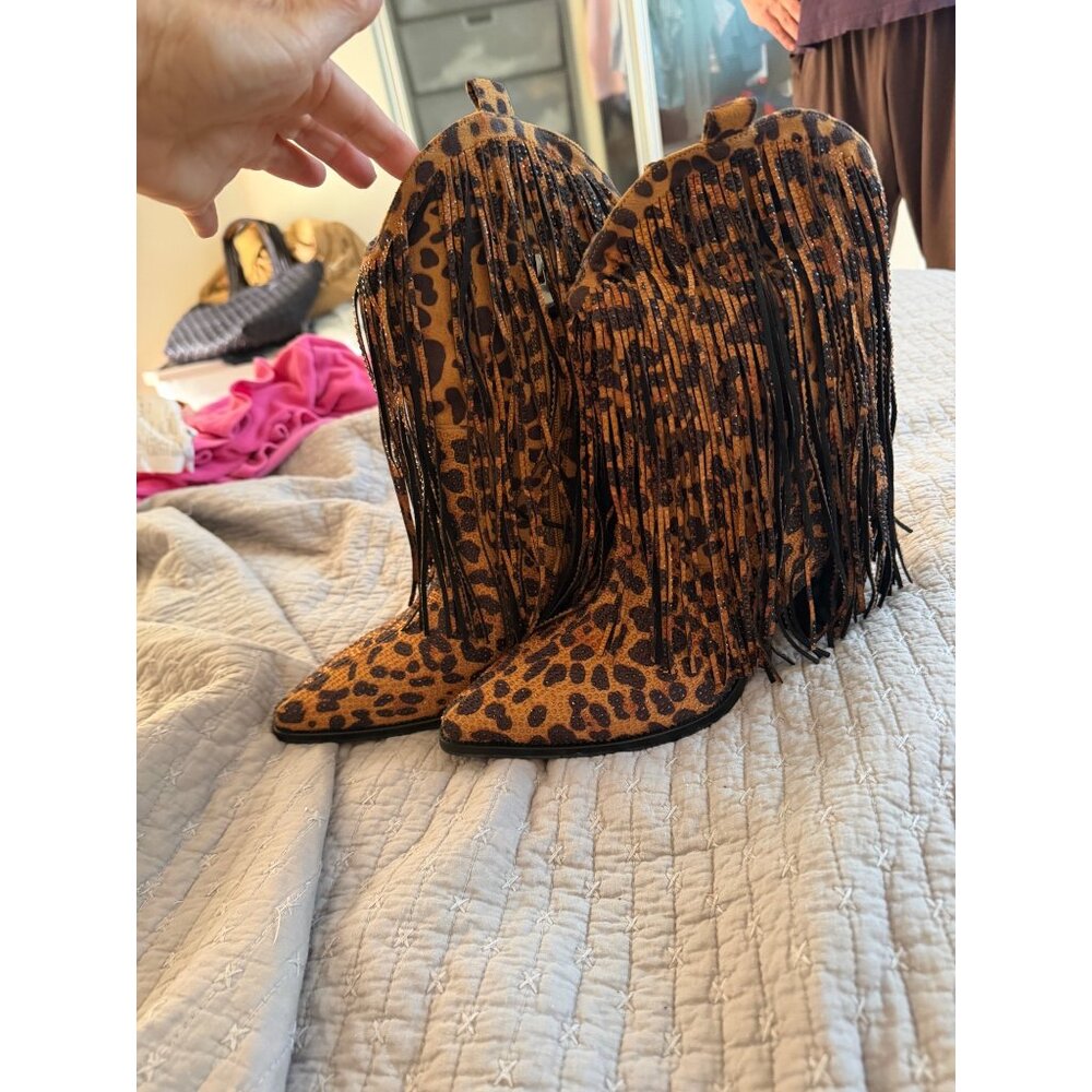 Ouepiano Womens Cowboy Boots Size 8.5 Leopard  Rhinestone Fringe Coachella New - Picture 15 of 16